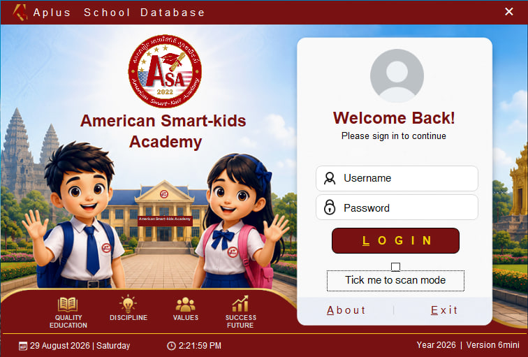 Aplus School Database login screen